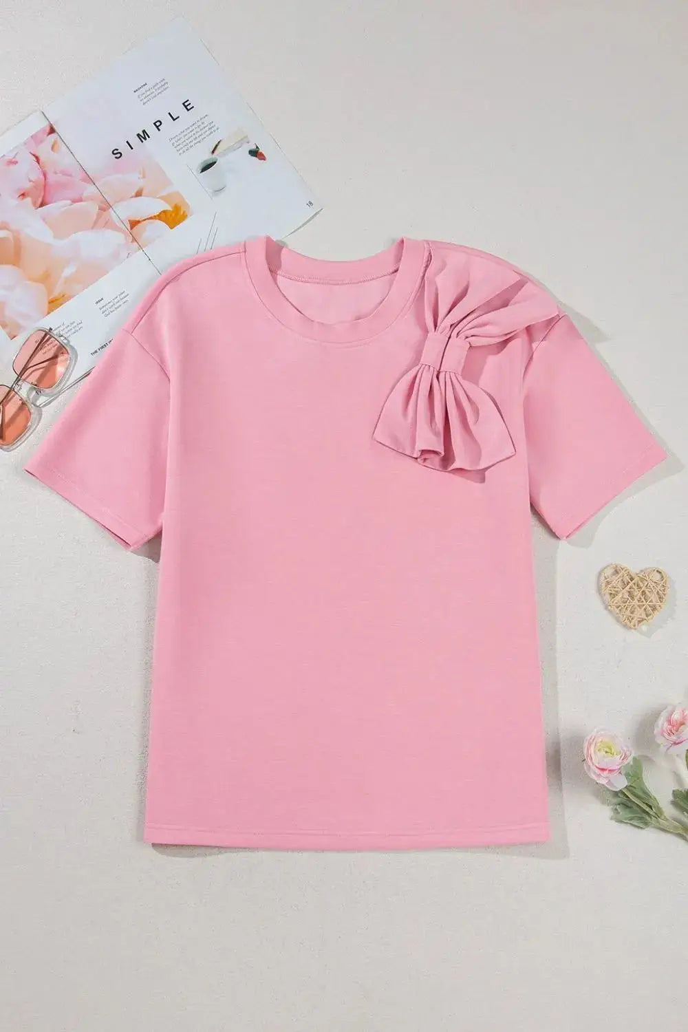Bow Round Neck Short Sleeve T-Shirt - Clothes For Her Online Store