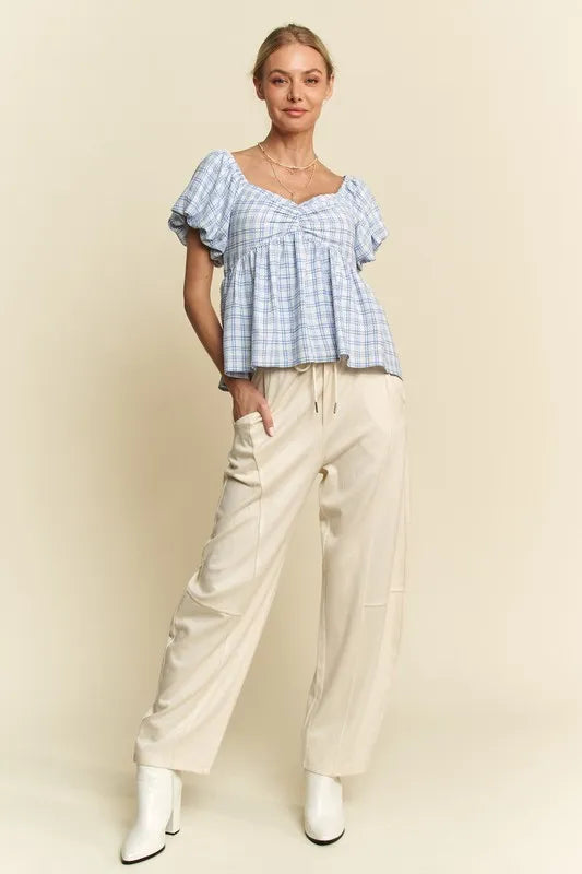 Davi & Dani Plaid Puff Sleeves Ruffled Smocked Blouse