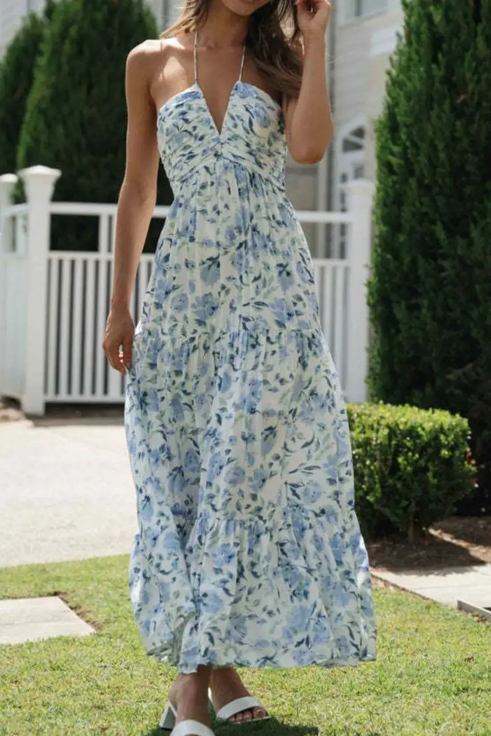 Floral Halter Neck Tiered Maxi Dress