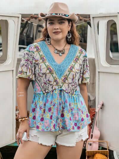 Plus Size Ruched Lace Detail Printed V-Neck Short Sleeve Blouse - Clothes For Her Online Store