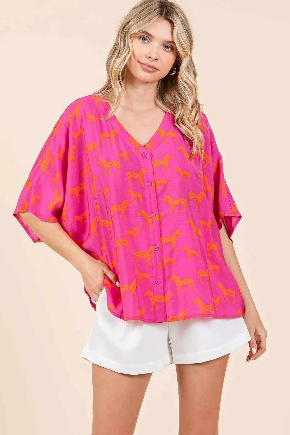 Mittoshop Zebra Print V-Neck Button Down Dolman Sleeve Top