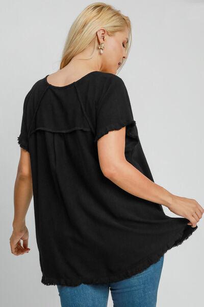 Umgee Full Size Seam Detail Linen Ruffle Fringe Edge Top Plus Size