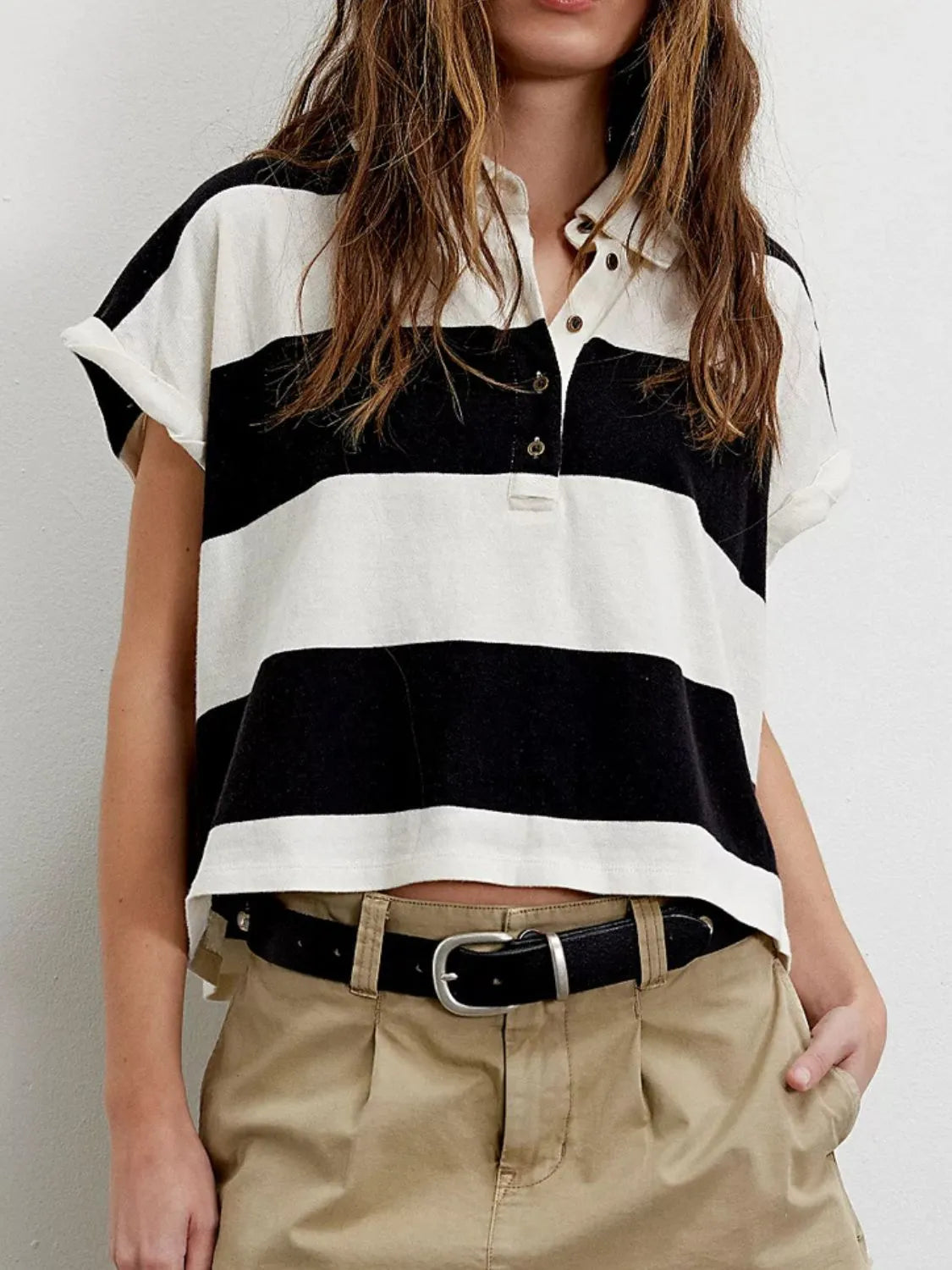 Striped Collared Neck Short Sleeve Top