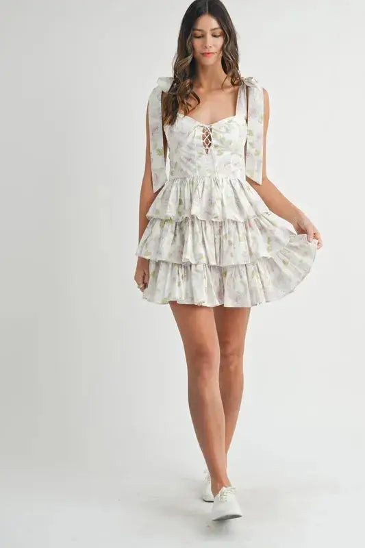 MABLE Floral Print Shoulder Tie Layered Mini Dress - Clothes For Her Online Store