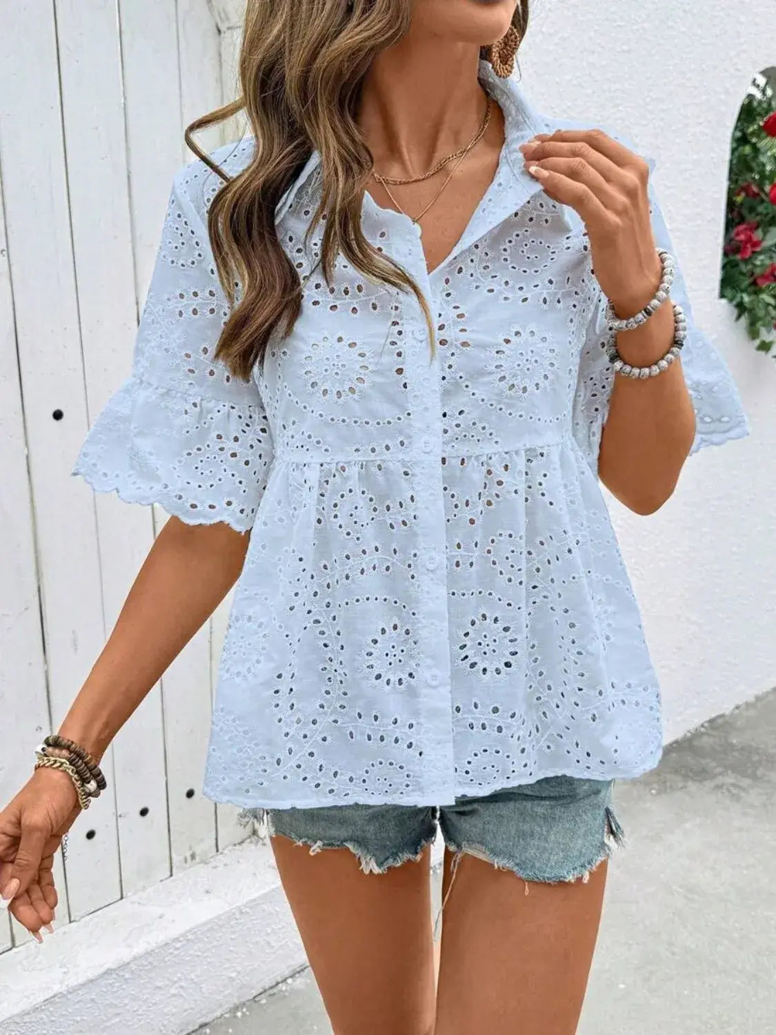 Eyelet Solid Collared Neck Half Sleeve Shirt
