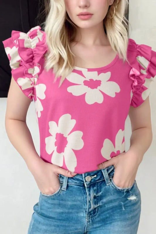 Flower Round Neck Ruffled Sleeve Top