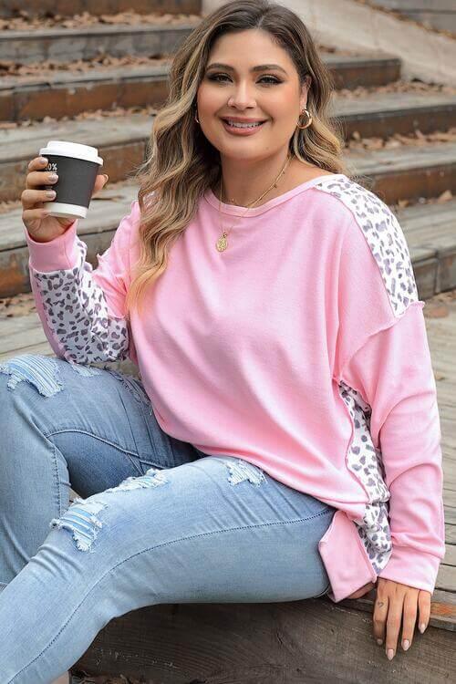 Plus Size Leopard Exposed Seam Long Sleeve Sweatshirt - Clothes For Her Online Store