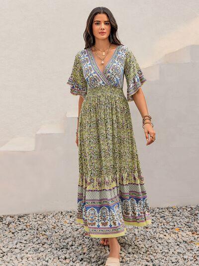 Ruched Printed Flounce Sleeve Maxi Dress