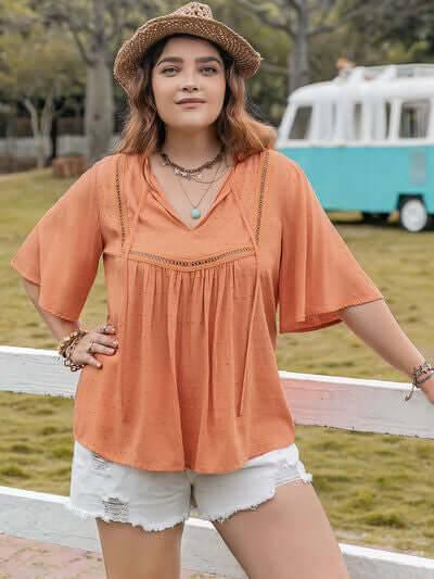 Plus Size Ruched Tie Neck Half Sleeve Blouse - Clothes For Her Online Store
