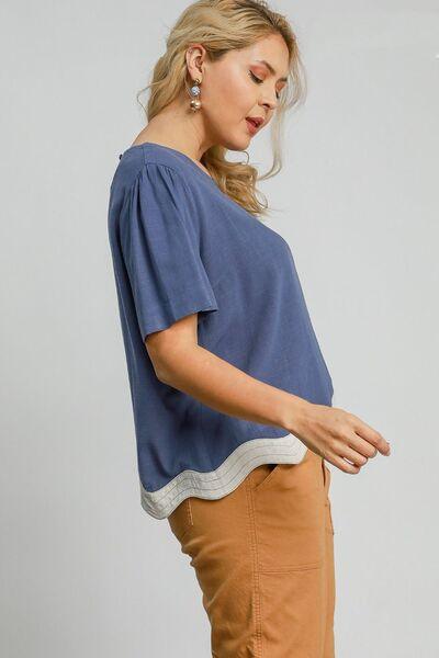 Umgee Full Size Linen Blend Scalloped Hem Top Plus Size