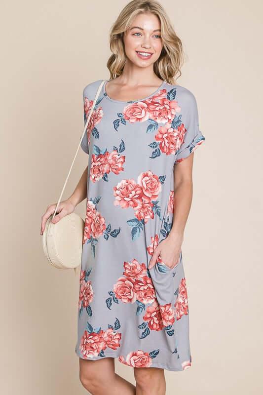 BOMBOM Floral Round Neck Short Tee Dress with Pockets - Clothes For Her Online Store