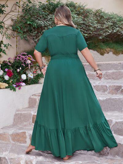Plus Size Button Detail V-Neck Short Sleeve Maxi Dress - Clothes For Her Online Store