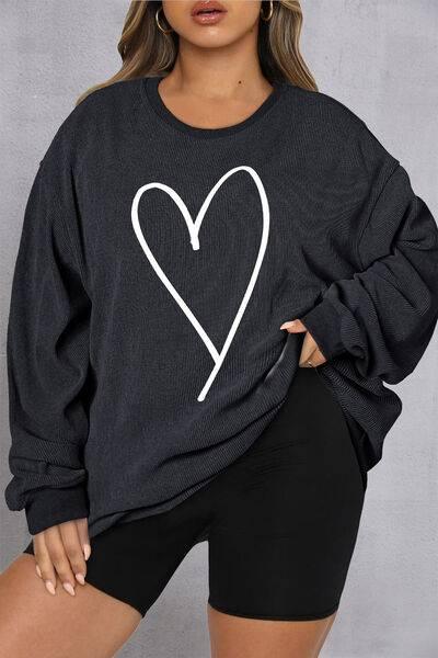 Plus Size Heart Ribbed Round Neck Sweatshirt - Clothes For Her Online Store