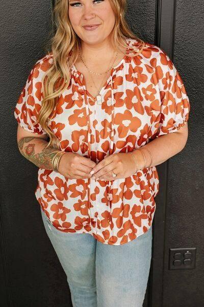 Plus Size Printed Tie Neck Short Sleeve Blouse