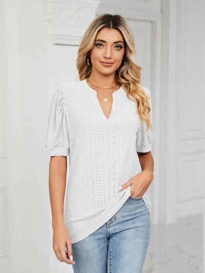 Florira Eyelet Notched Short Sleeve T-Shirt