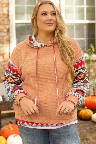 Plus Size Drawstring Geometric Long Sleeve Hoodie - Clothes For Her Online Store