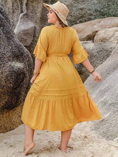 Plus Size Notched Tie Waist Half Sleeve Midi Dress - Clothes For Her Online Store