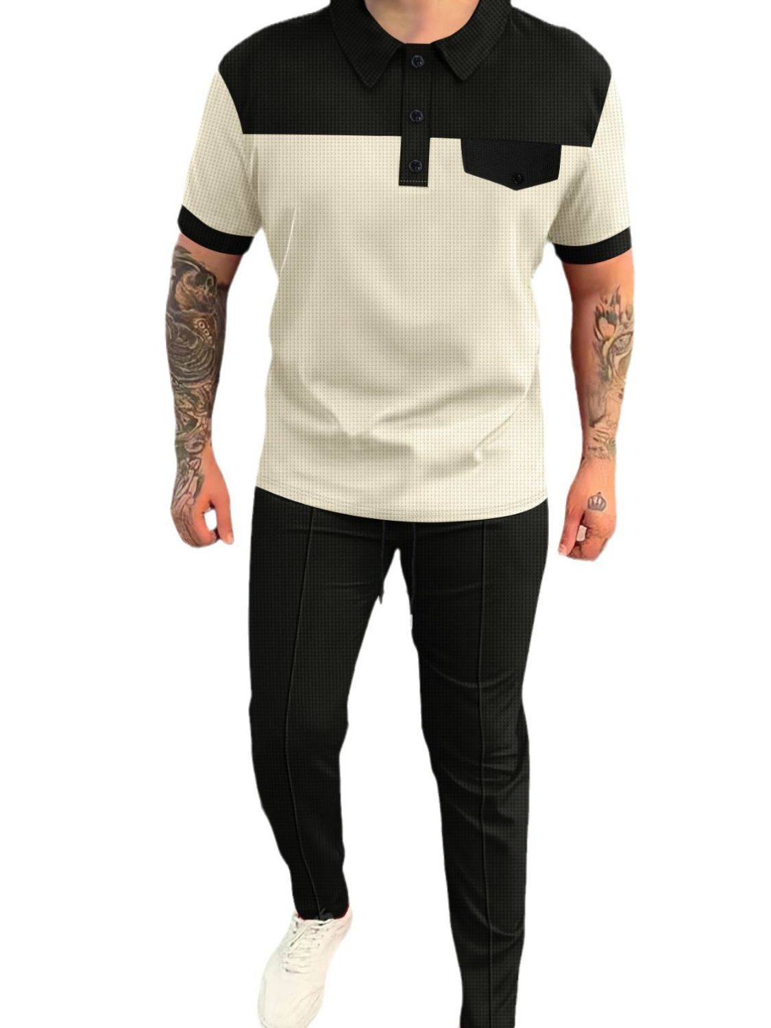 Men‘s Full Size Waffle-Knit Contrast Top and Pants Set Plus Size - Clothes For Her Online Store