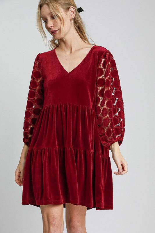 Umgee Dotted Lace Sleeve Tiered Velvet Mini Dress - Clothes For Her Online Store