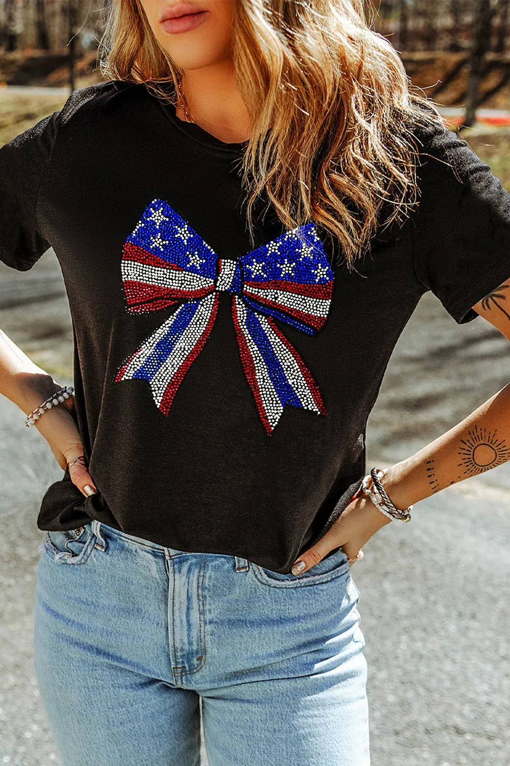 Bow Rhinestone Round Neck T-Shirt