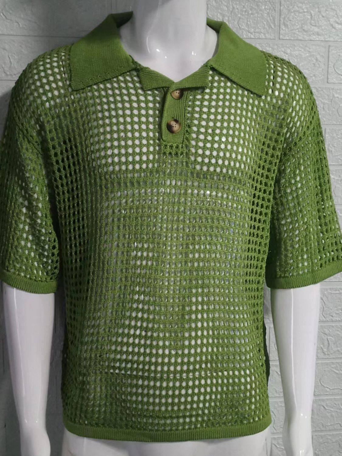 Men's Plus Size Openwork Collared Neck Quarter Button Knit Polo