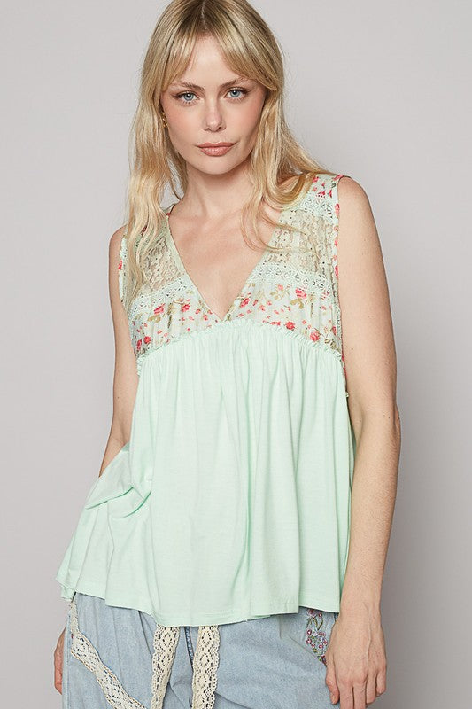 POL Lace Detail Frill Floral V-Neck Sleeveless Top