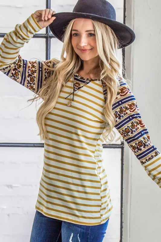 And The Why Stripe Ethnic Print Raglan Top