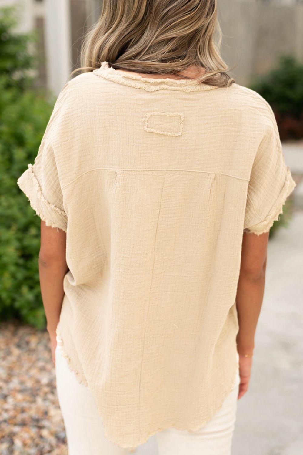 Textured Frayed Trim Half Button Short Sleeve Top