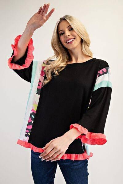 Celeste Full Size Ruffle Sleeve Color Block Top Plus Size