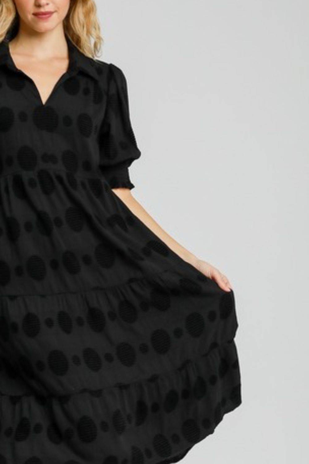 Umgee Full Size Swiss Dot Jacquard Tiered Midi Dress Plus Size - Clothes For Her Online Store