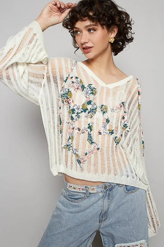 POL Floral Print Star Patch Lightweight Hooded Knit Cover Up