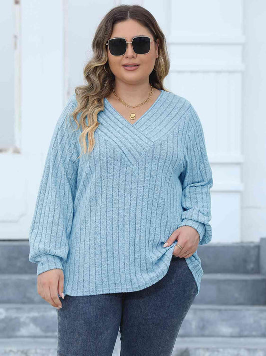 Plus Size Ribbed V-Neck Long Sleeve Top - Clothes For Her Online Store