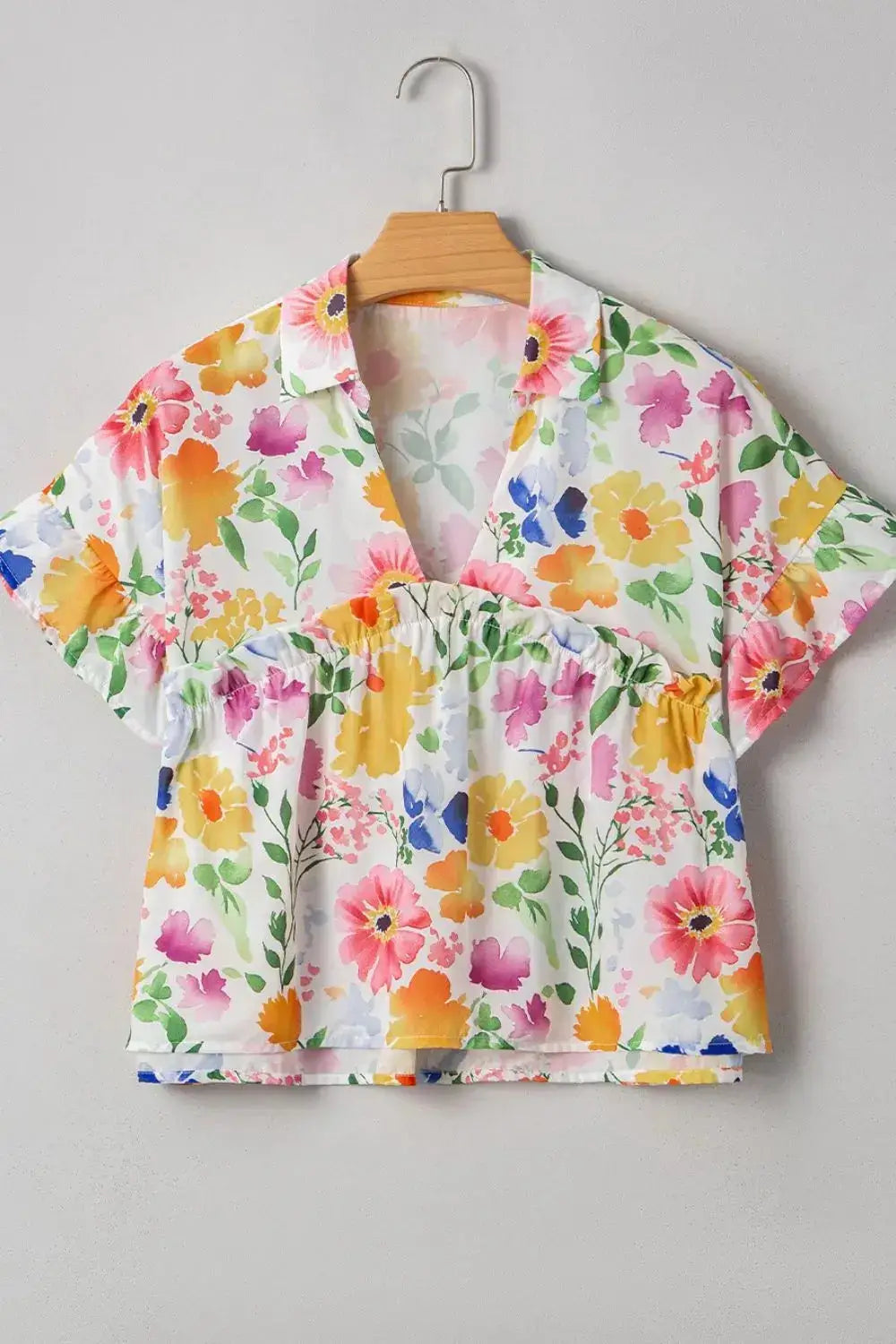 Floral Boxy Fit Ruffled Short Sleeve Blouse - Clothes For Her Online Store