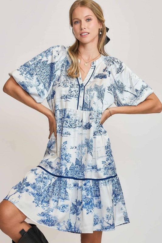 Umgee Full Size Two Tone Landscape Print Dress Plus Size - Clothes For Her Online Store