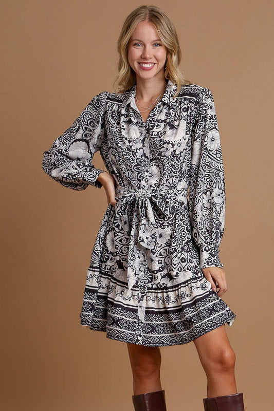 Umgee Full Size Two Tone Floral Border Print Tie Waist Mini Dress Plus Size - Clothes For Her Online Store
