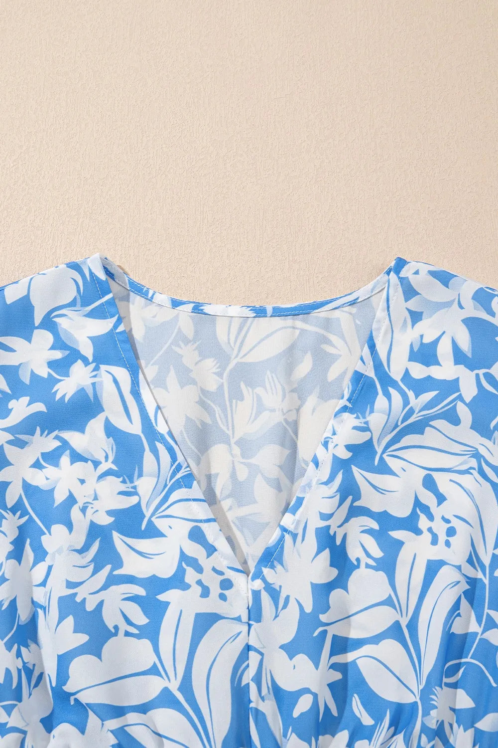 Floral V Neck Puff Short Sleeve Flowy Dress