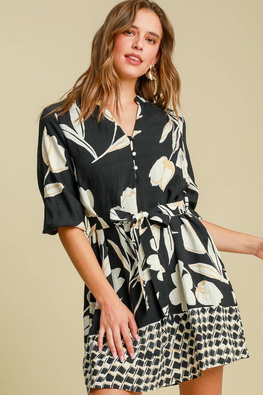Umgee Full Size Floral Print Notched Tie Waist Mini Dress Plus Size - Clothes For Her Online Store