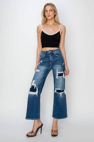 Risen Full Size High Rise Patch Detailed Wide Leg Crop Jeans - Clothes For Her Online Store