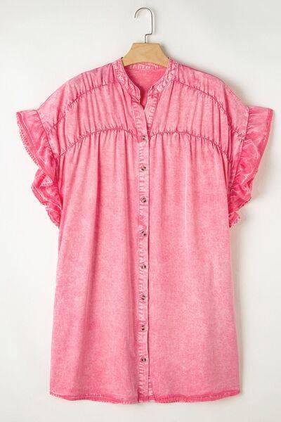 Ruffled Short Sleeve Buttoned Denim Mini Dress - Clothes For Her Online Store