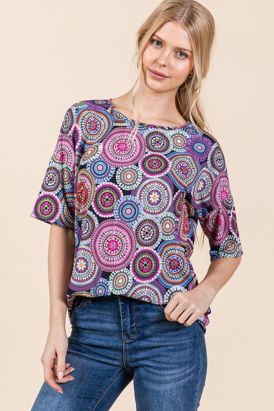 BOMBOM Printed Round Neck Half Sleeve Top - Clothes For Her Online Store