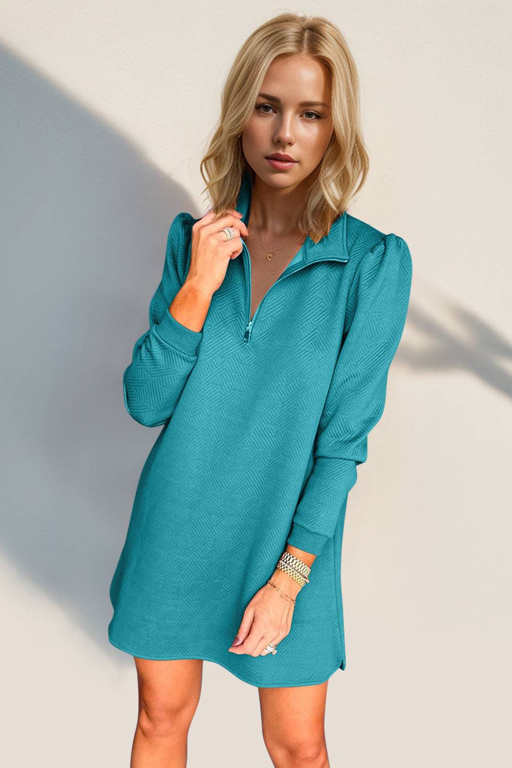 Double Take Textured Quarter Zip Long Sleeve Dress - Clothes For Her Online Store