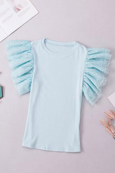Ruffled Round Neck Cap Sleeve Top - Clothes For Her Online Store