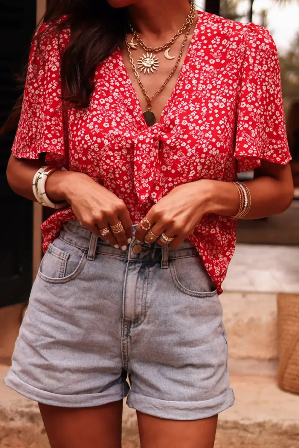Boho Floral Printed Half Sleeve Knotted V Neck Blouse