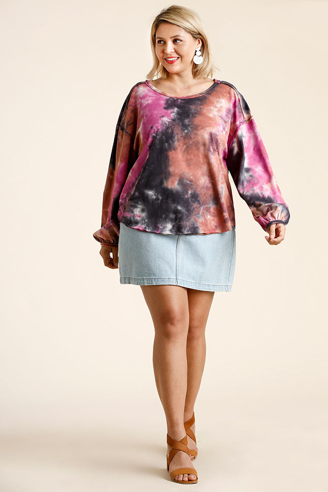 Umgee Full Size Tie Dye Round Neck Long Balloon Sleeve Top Plus Size - Clothes For Her Online Store
