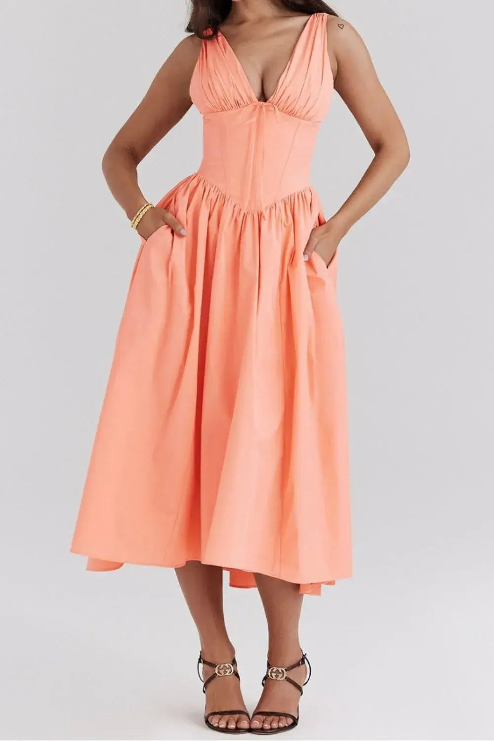 Ruched V-Neck Sleeveless Dress with Pockets