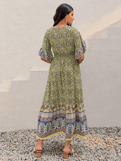 Ruched Printed Flounce Sleeve Maxi Dress