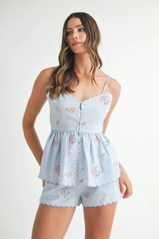 MABLE Stripe Embroidered Peplum Cami and Shorts Set - Clothes For Her Online Store