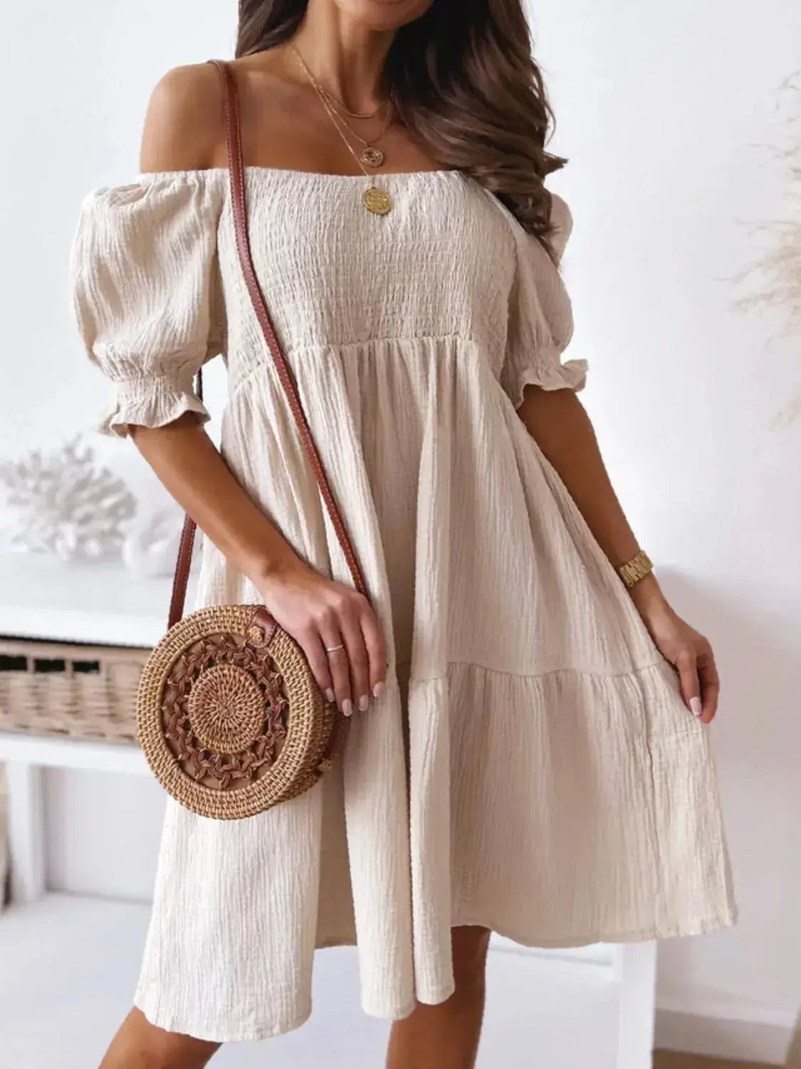 Smocked Off-Shoulder Mini Dress