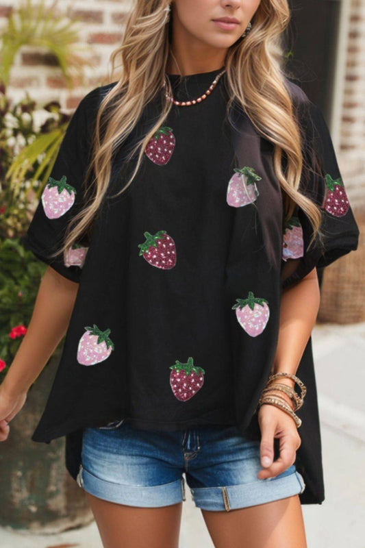 Sequin Strawberry High Low Half Sleeve Relaxed Fit T-Shirt - Clothes For Her Online Store