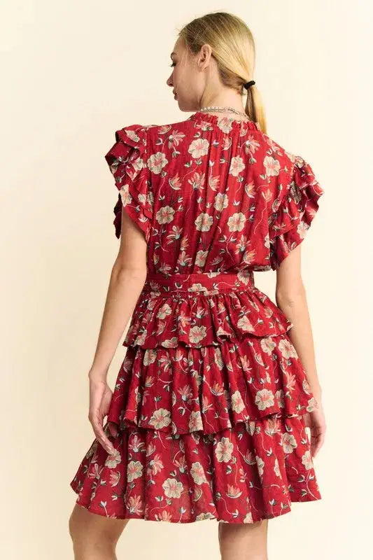 Davi & Dani Ruffle Flutter Sleeve Tie Belt Tiered Mini Dress - Clothes For Her Online Store